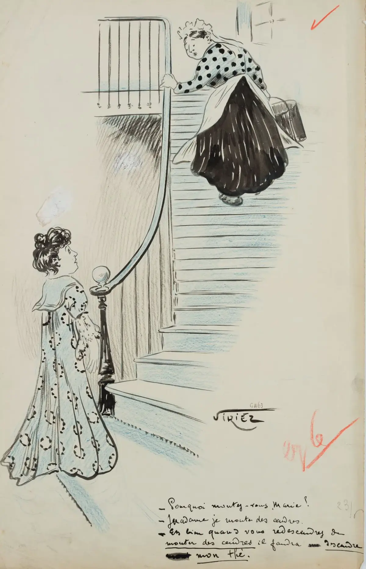 VIRIEZ (19th), Caricature. The Stairs, Indian ink Viriez (19th century):