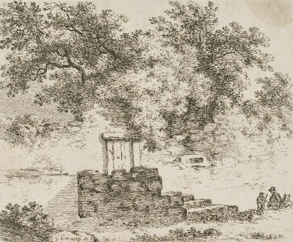 J. PRIMAVESI (*1774), Artist at an Overgrown Ruin, Etching Johann