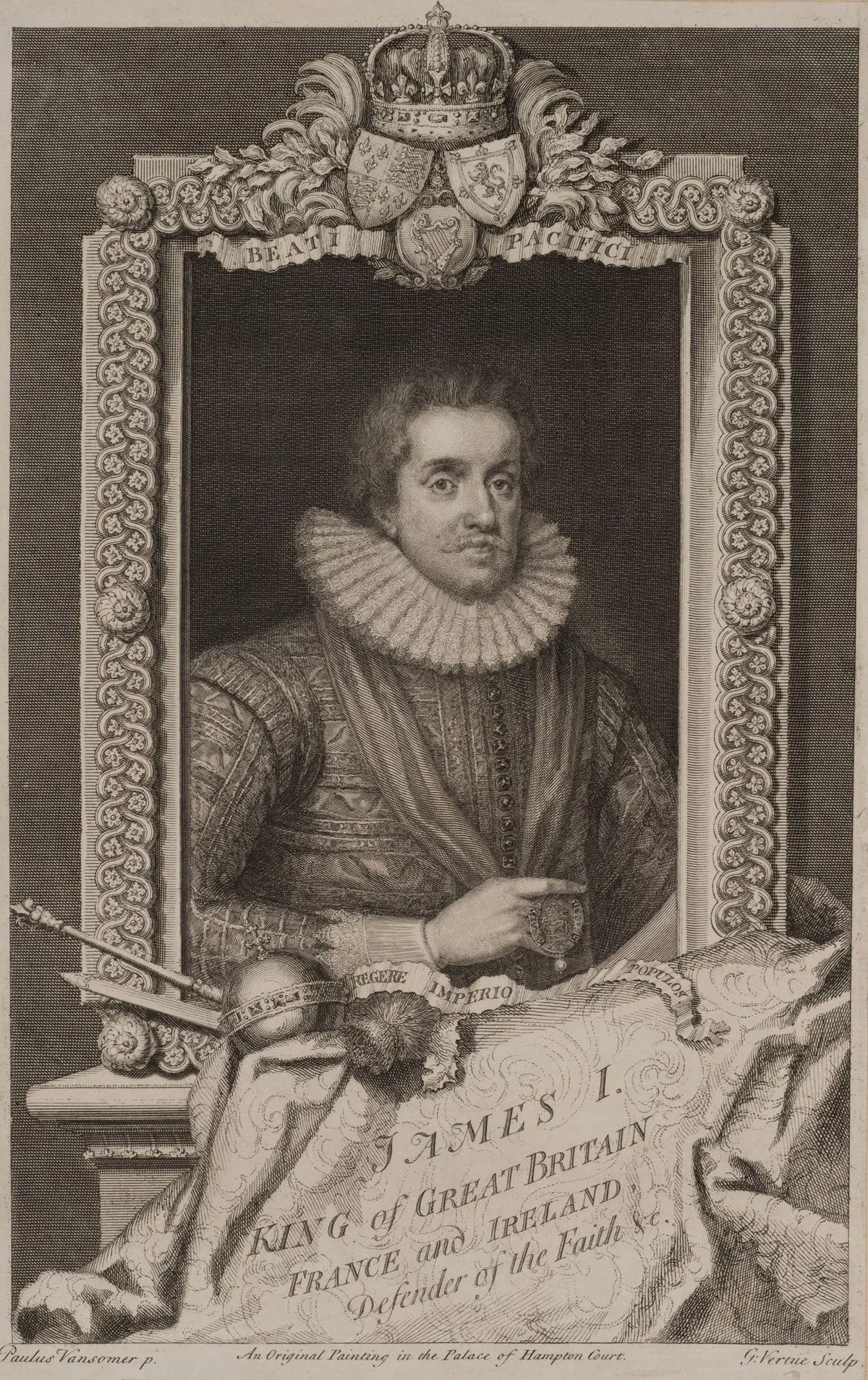 G. VERTUE (*1684) after SOMER (*1576), Portrait of James I, 1736
