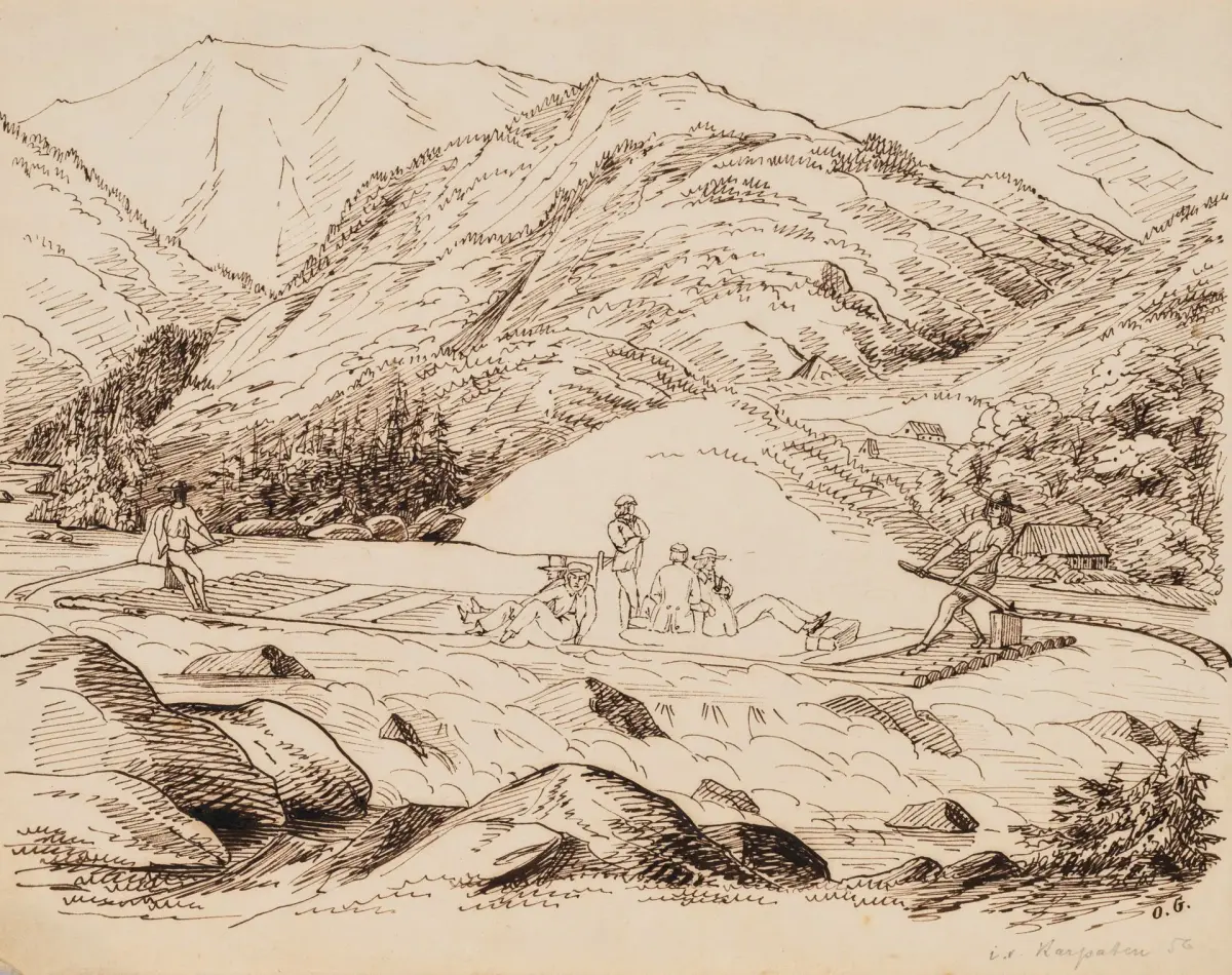 O. GARVE (19th), Carpathians. Hilly river landscape with a raft, 1856