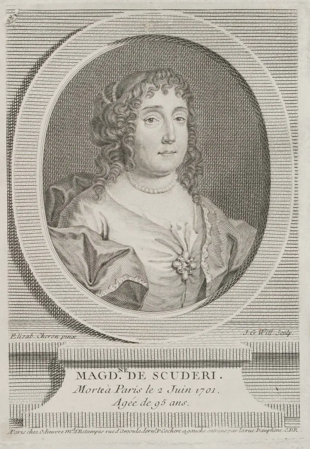 J. WILLE (*1715) after CHÉRON (*1648), Madeleine de Scudéry, 1st edition