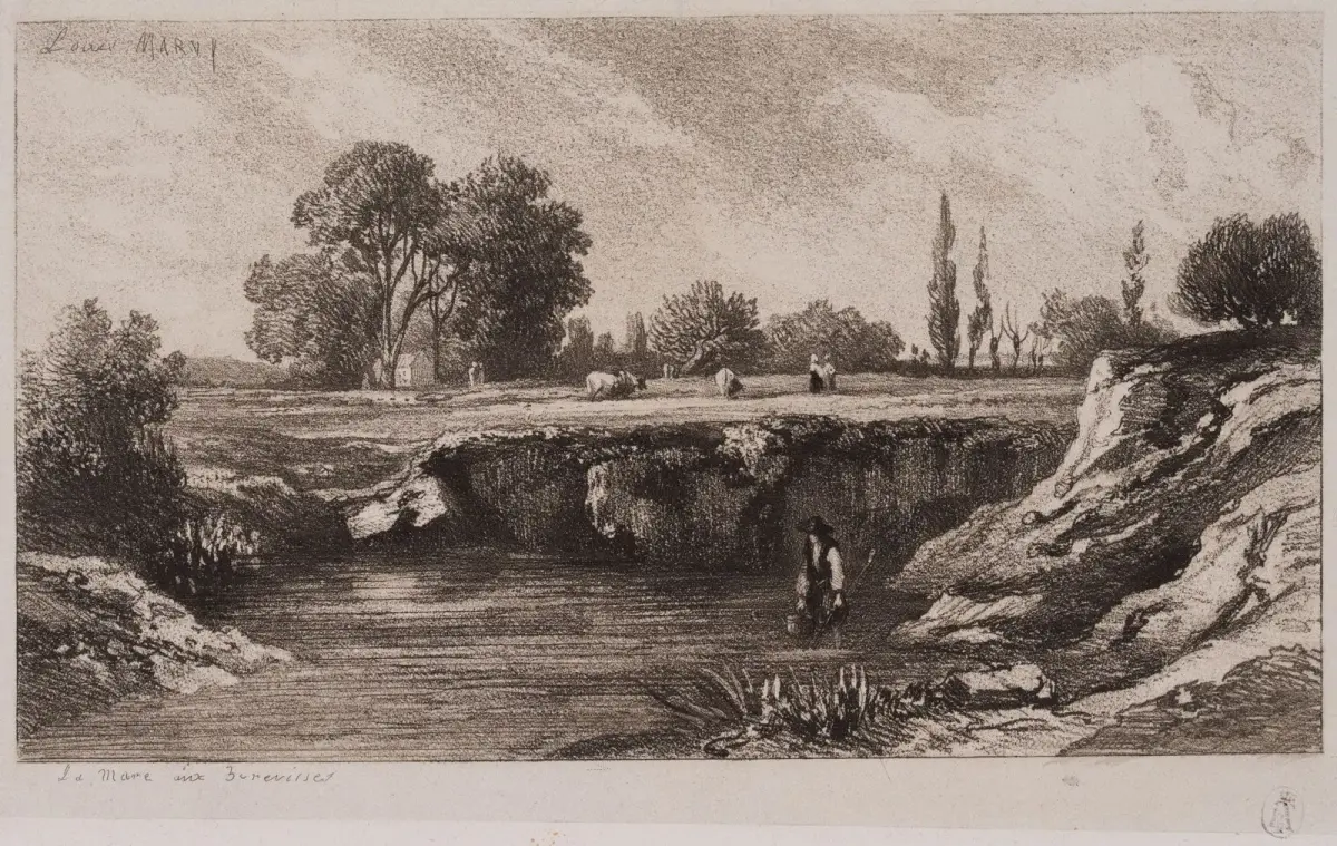 L. MARVY (19th), A Farmer by a Pond in an Open Landscape, Vernis Mou