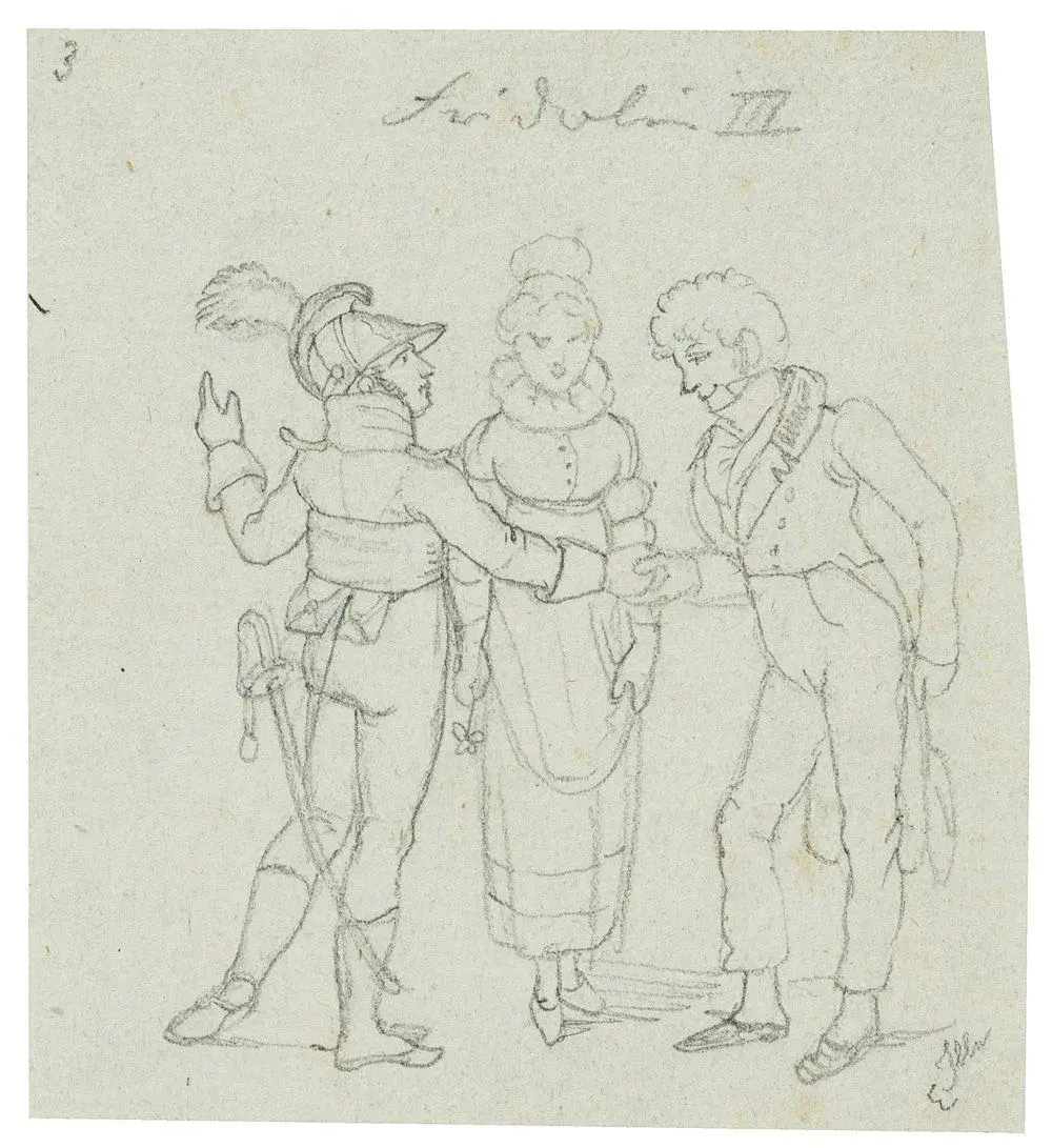 E. ILLE (1823–1900), Satire, Two Gentlemen and a Lady, Pencil Eduard