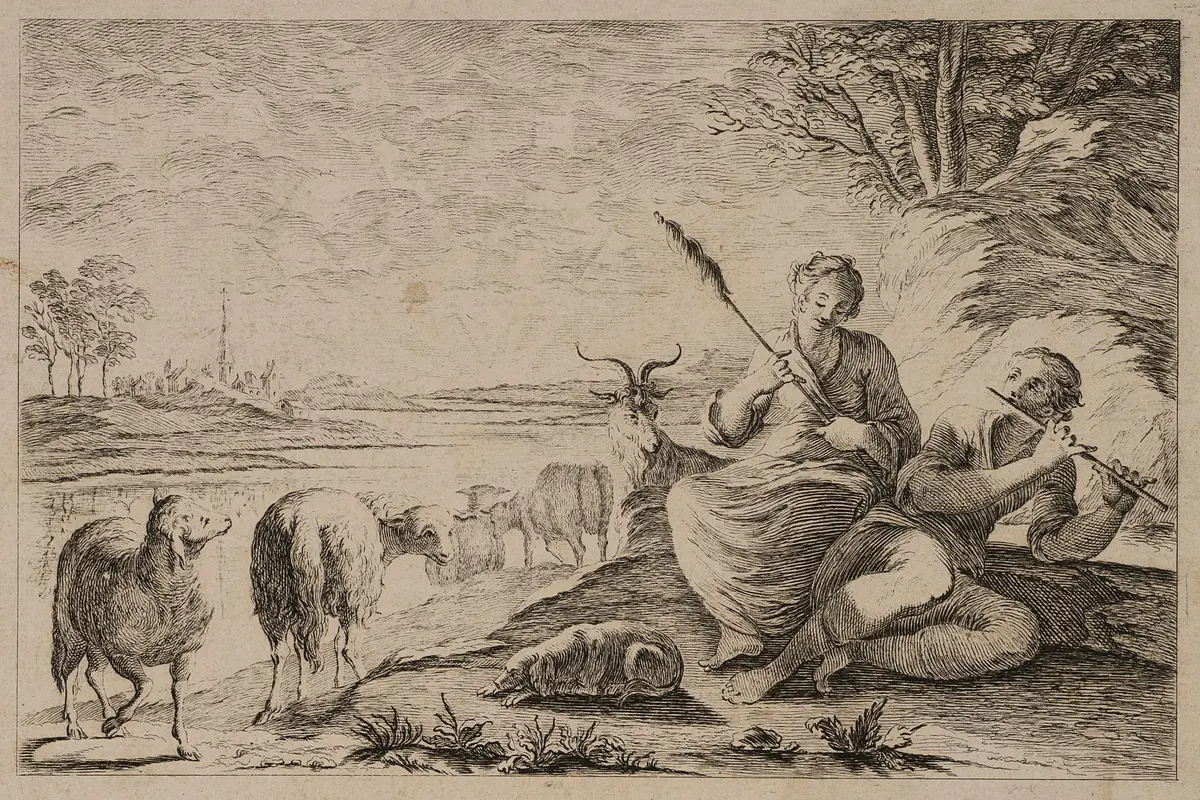 Unknown (18th century), A pastoral scene featuring a spinner, Etching