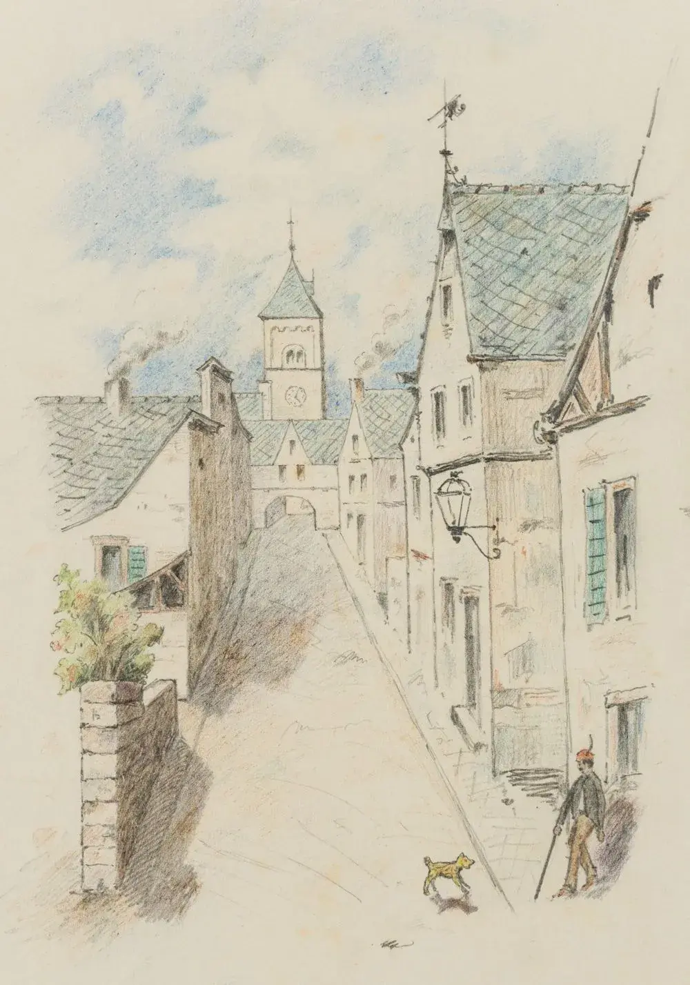 Unknown (19th), Old Town with Church, around 1900, Pencil Unknown
