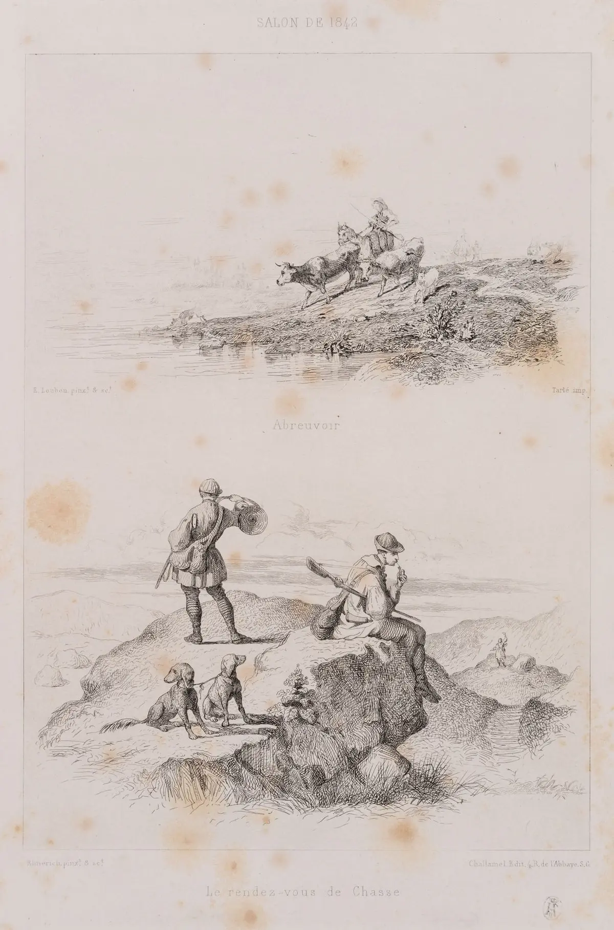E. LOUBON (1809–1863), Cattle Watering Holes and Hunters in the Mountains