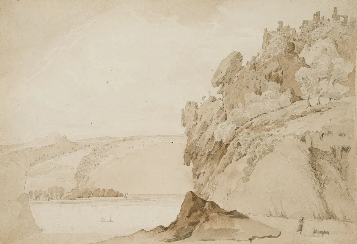 Unknown (19th), Rocky landscape on the shore, around 1830, Brush drawing