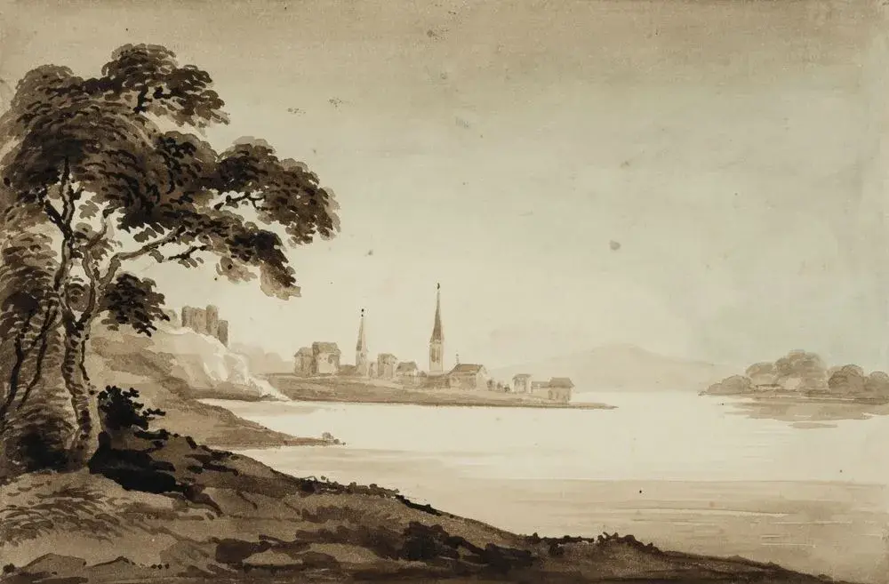 Unknown (19th), View of an English village on the lakeshore, Watercolor