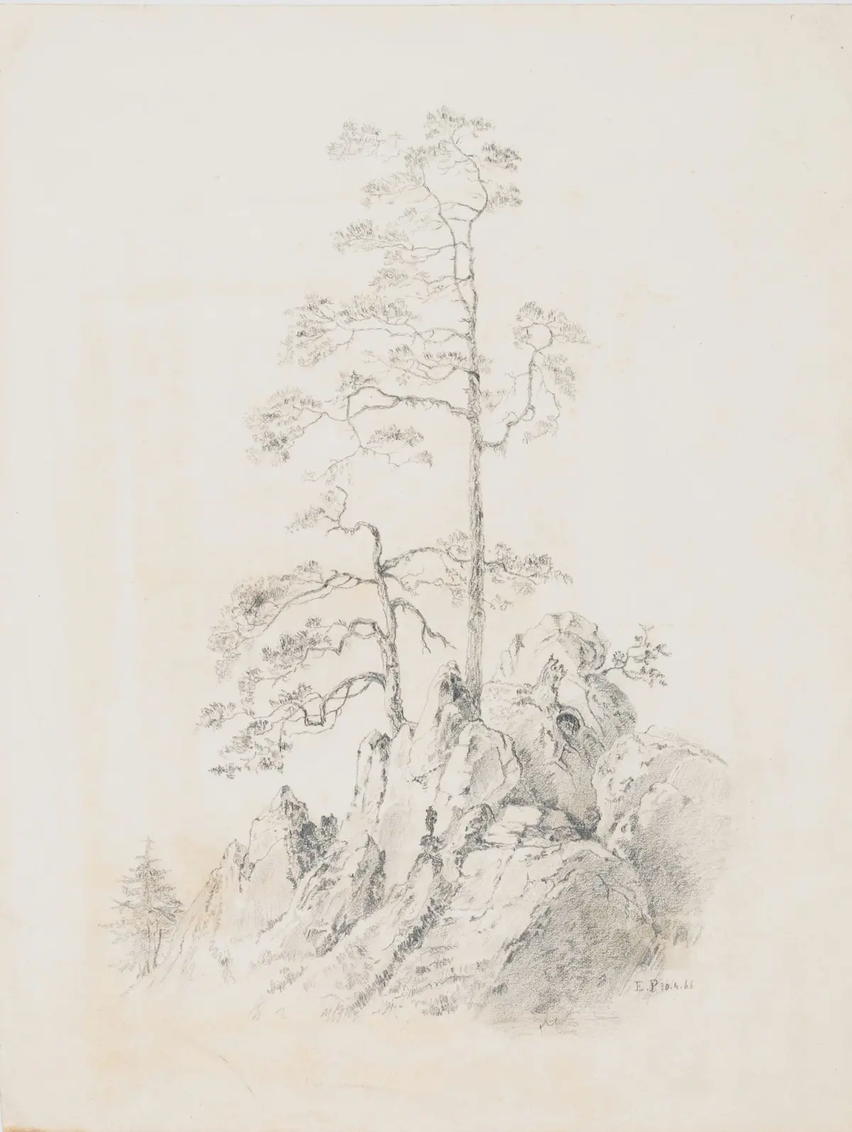 Monogram EP (19th), A mountainous landscape with trees, 1866, pencil