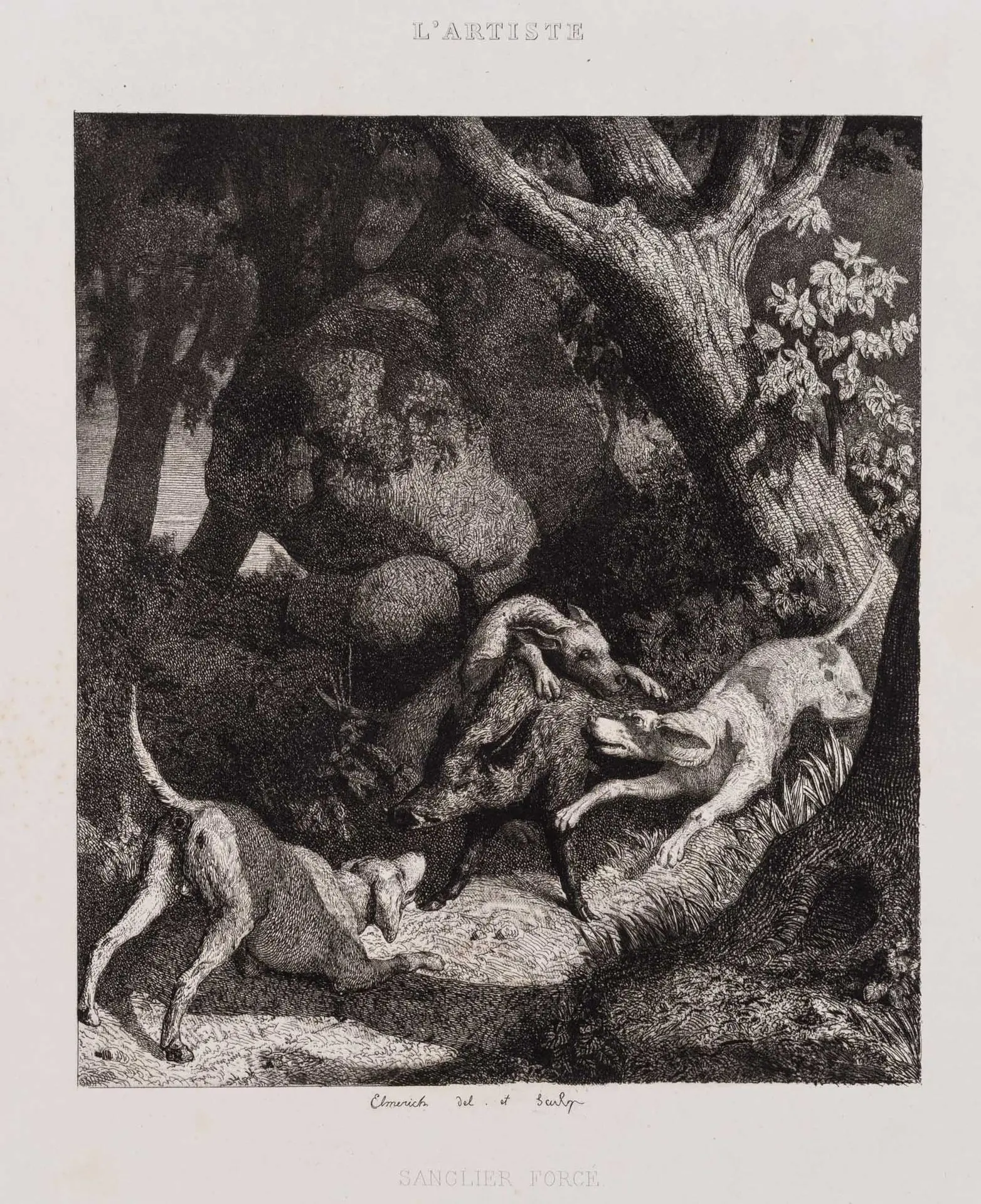 C. ELMERICH (1813–1889), Boar Hunt with Hunting Dogs in the Woods