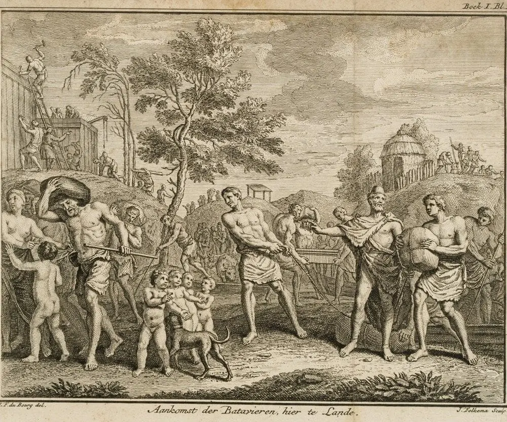 J. FOLKEMA (*1692) after BOURG (*1693), The Arrival of the Batavians