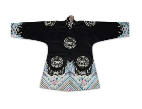 A Chinese informal dark blue-black satin silk front opening jacket, Circa 1910