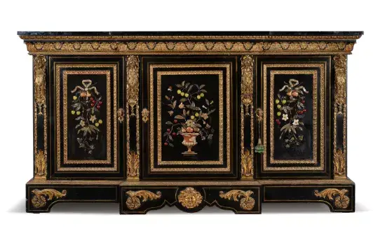 A NAPOLEON III EBONISED, PIETRA DURA AND GILT METAL MOUNTED SIDE CABINET