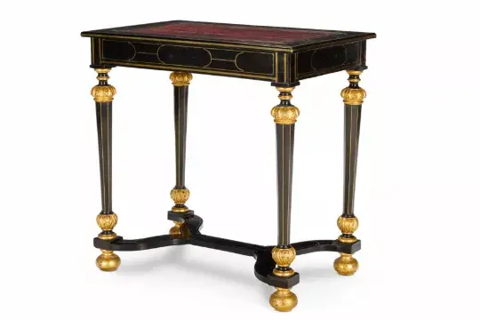 Y A FLEMISH BRASS-INLAID EBONY AND PARCEL-GILT TABLE DE MILIEU, ANTWERP