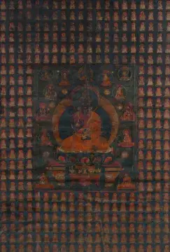 A Thangka depicting the Preaching Buddha surrounded by figures of Bodhisattvas