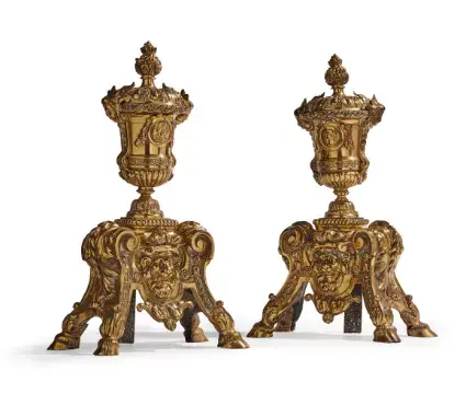 A PAIR OF GILT METAL ANDIRONS, BY BOUHON FRERES, IN LOUIS XIV STYLE