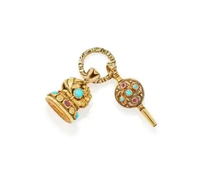 AN 1830S TURQUOISE AND RUBY SET SEAL WITH WATCH KEY