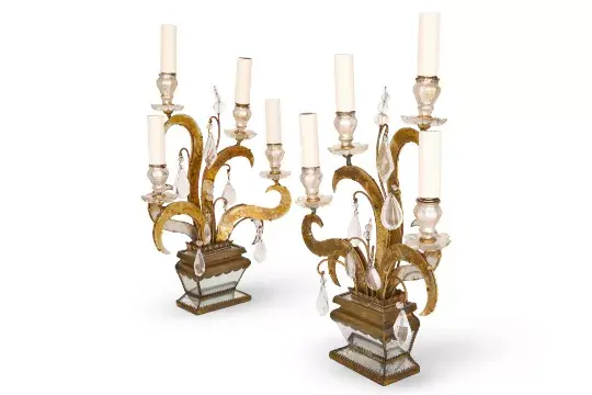 Ω ATTRIBUTED TO MAISON BAGUES: A PAIR OF FOUR BRANCH GLASS, GILT METAL