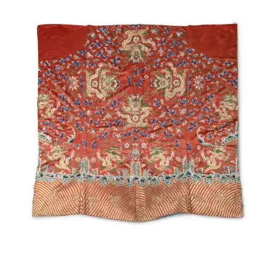 A Chinese coral-red satin silk unmade dragon jacket, Late 19th century