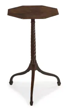 A GEORGE III MAHOGANY AND SATINWOOD STRUNG OCTAGONAL WINE TABLE, CIRCA 1780