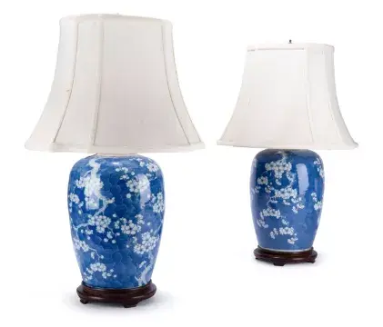 A PAIR OF CHINESE BLUE AND WHITE 'PRUNUS' VASE TABLE LIGHTS, QING