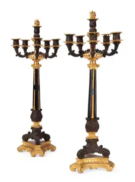 A PAIR OF GILT AND PATINATED BRONZE FIVE LIGHT CANDELABRA, FRENCH