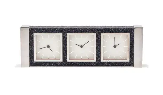 DAVID LINLEY, A CHROME AND FAUX SHAGREEN THREE DIAL MANTEL TIMEPIECE