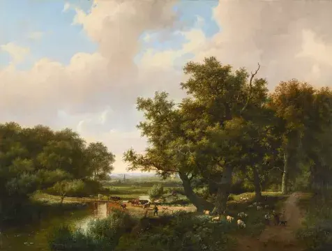 MARINUS ADRIANUS KOEKKOEK (DUTCH 1807–1870), CATTLE CROSSING A RIVER