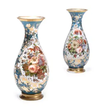 A PAIR OF FRENCH ENAMELLED OPALINE GLASS BALUSTER VASES, PROBABLY