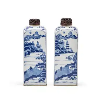 A pair of Chinese blue and white square flasks