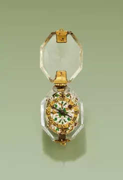 AN IMPORTANT CHARLES I GOLD AND CHAMPLEVE ENAMEL MOUNTED ROCK CRYSTAL