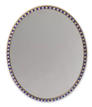 A LARGE BLUE AND WHITE BEADED GLASS OVAL MIRROR, LATE 19TH OR 20TH CENTURY