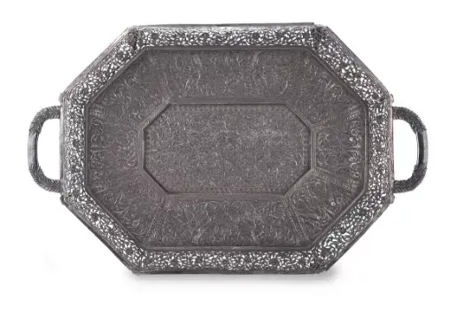 ‡ A LARGE SRI LANKAN SILVER TWIN HANDLED TRAY, UNMARKED, CIRCA 1900