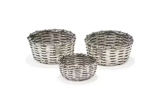THREE ITALIAN SILVER COLOURED CIRCULAR WEAVED BASKETS