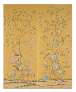 A PAIR OF 'EARLHAM' CHINOISERIE PATTERN PANELS HAND-PAINTED ONTO SIENNA