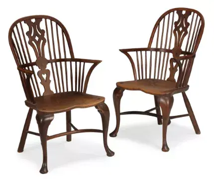 A PAIR OF GEORGE III YEW AND ELM WINDSOR ARMCHAIRS, CIRCA 1760