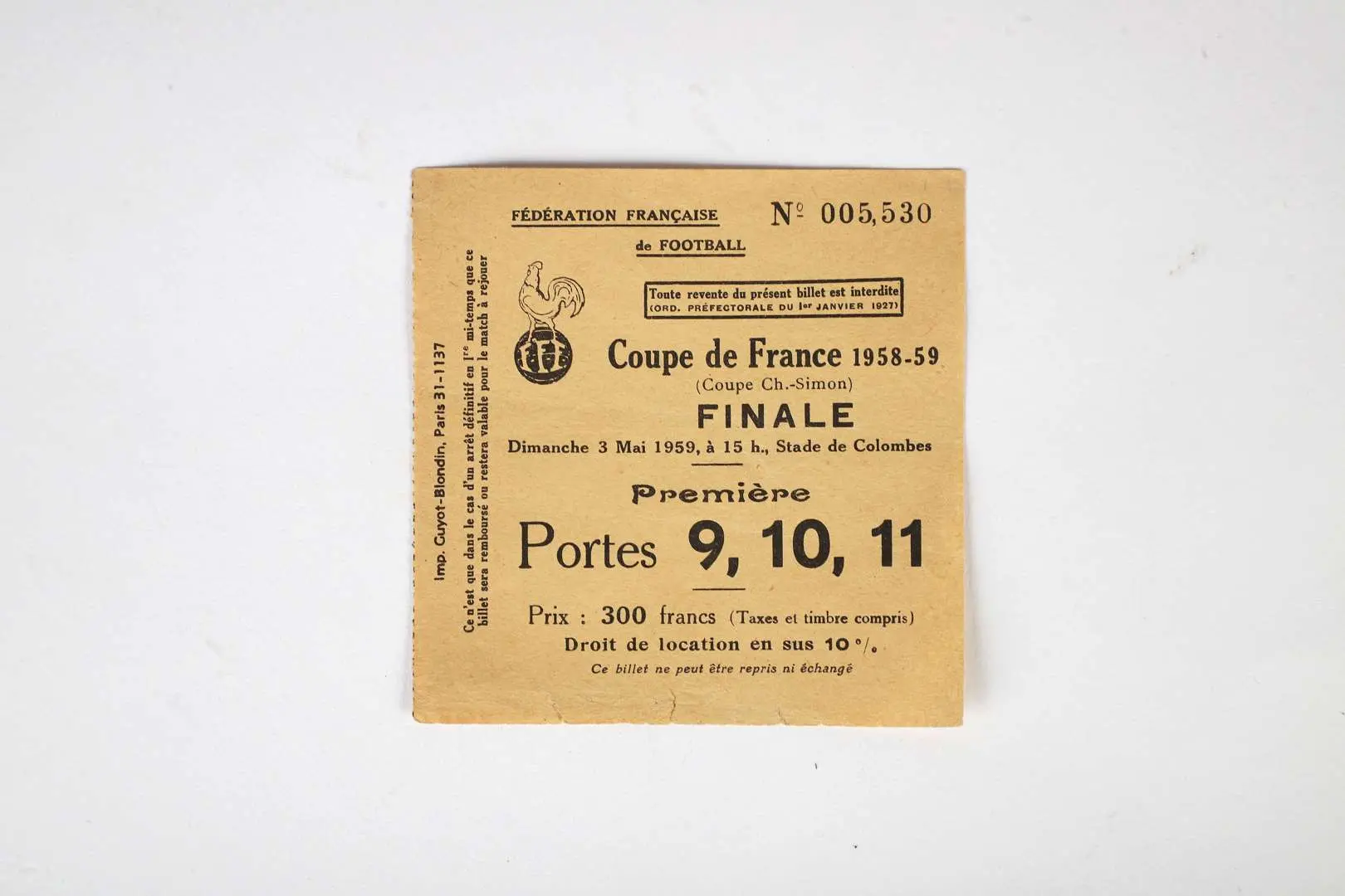 FOOTBALL Ticket for the 1959 French Cup Final, Tickets de la Finale 1959