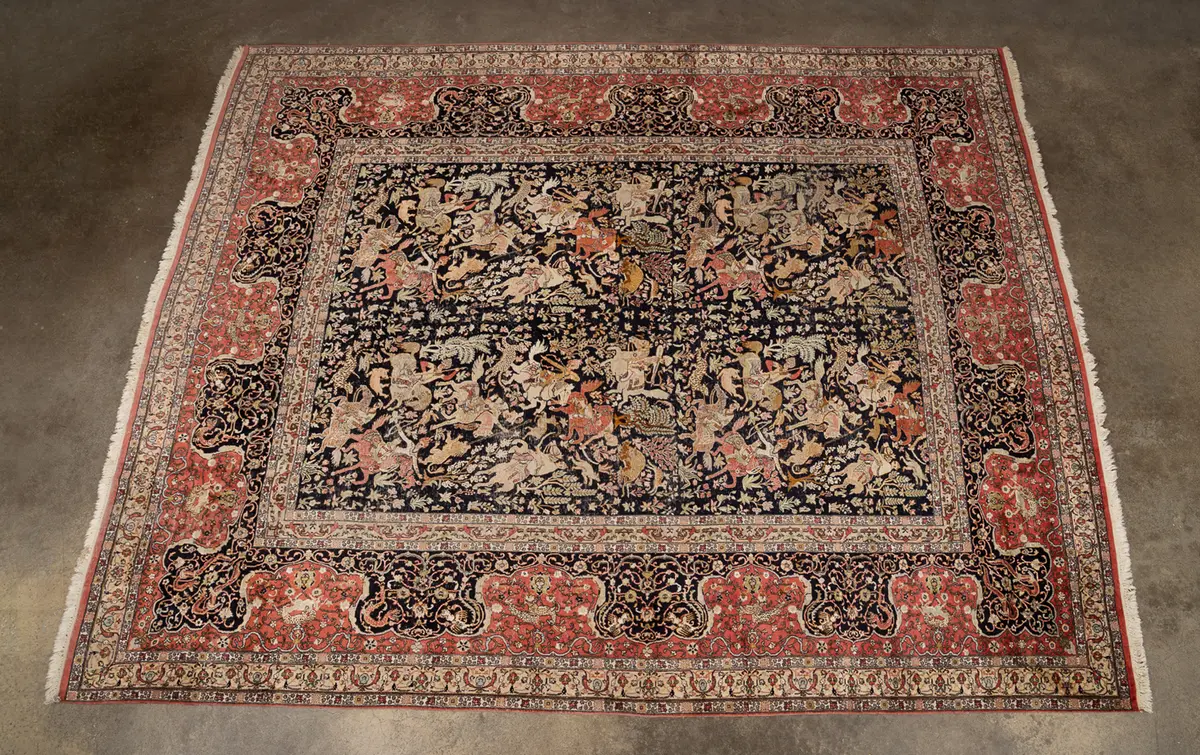 Indian Hunting Scene Silk & Cashmere Rug, 20th C.