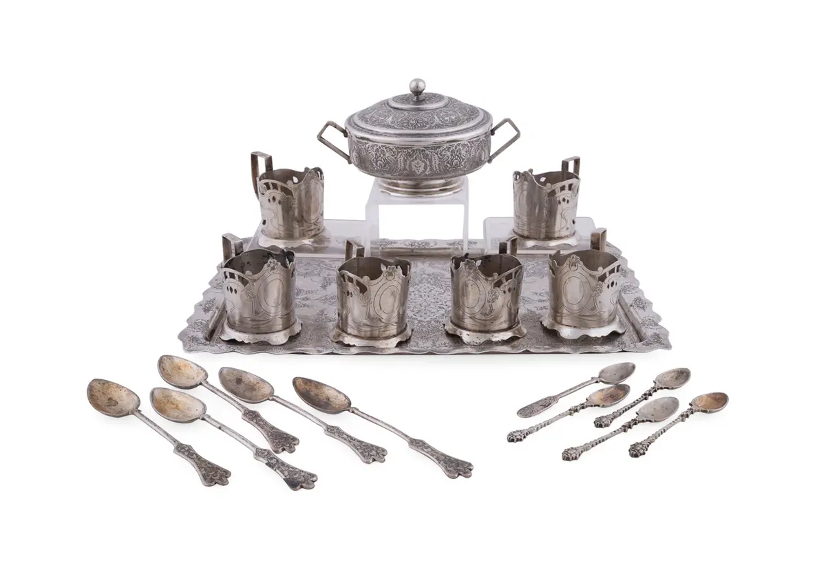 18PC Persian Partial Tea Set, .875 Silver & Plated