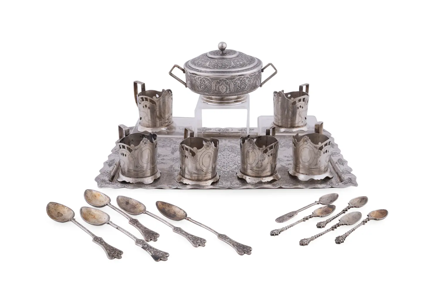 18PC Persian Partial Tea Set, .875 Silver & Plated