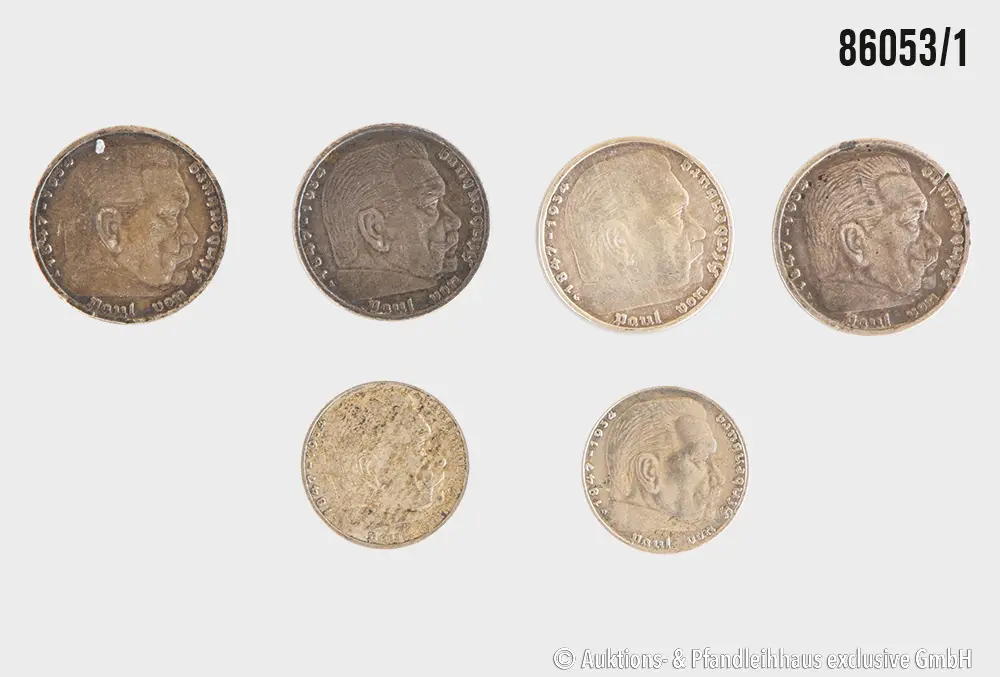 Drittes Reich Konvolut 6 Münzen, 2x 2 RM 1937 D, 1938 A, Silber 625