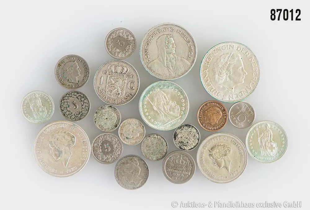 Konvolut Holland / Schweiz / Luxemburg 20 Münzen, Holland 2 1/2 Gulden