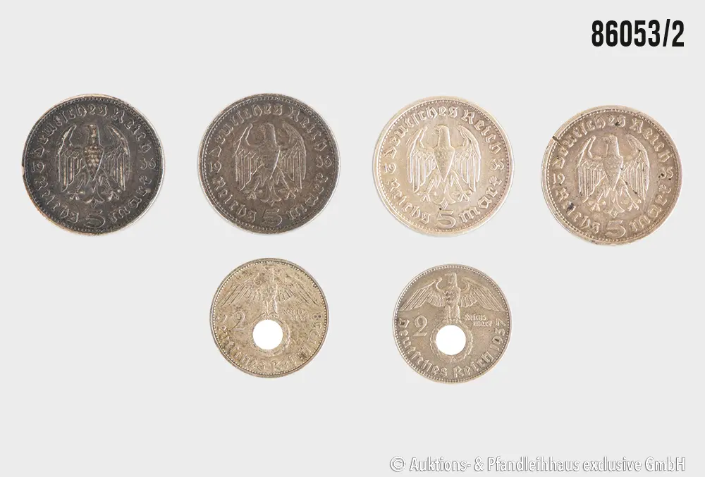 Drittes Reich Konvolut 6 Münzen, 2x 2 RM 1937 D, 1938 A, Silber 625