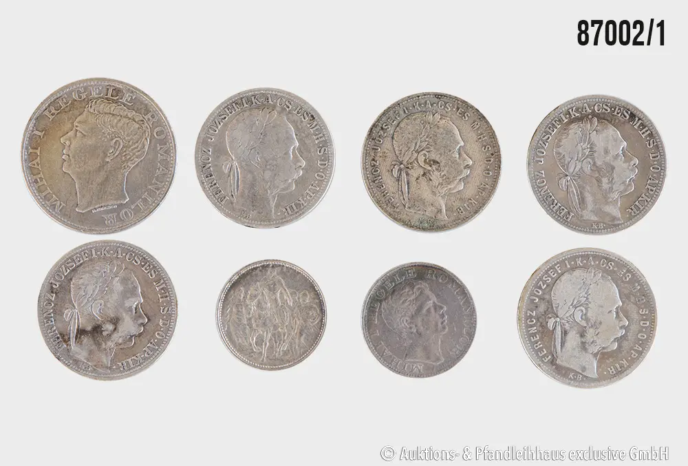 Konvolut Österreich / Ungarn / Rumänien 8 Münzen, 5x 1 Forint 2x 1881