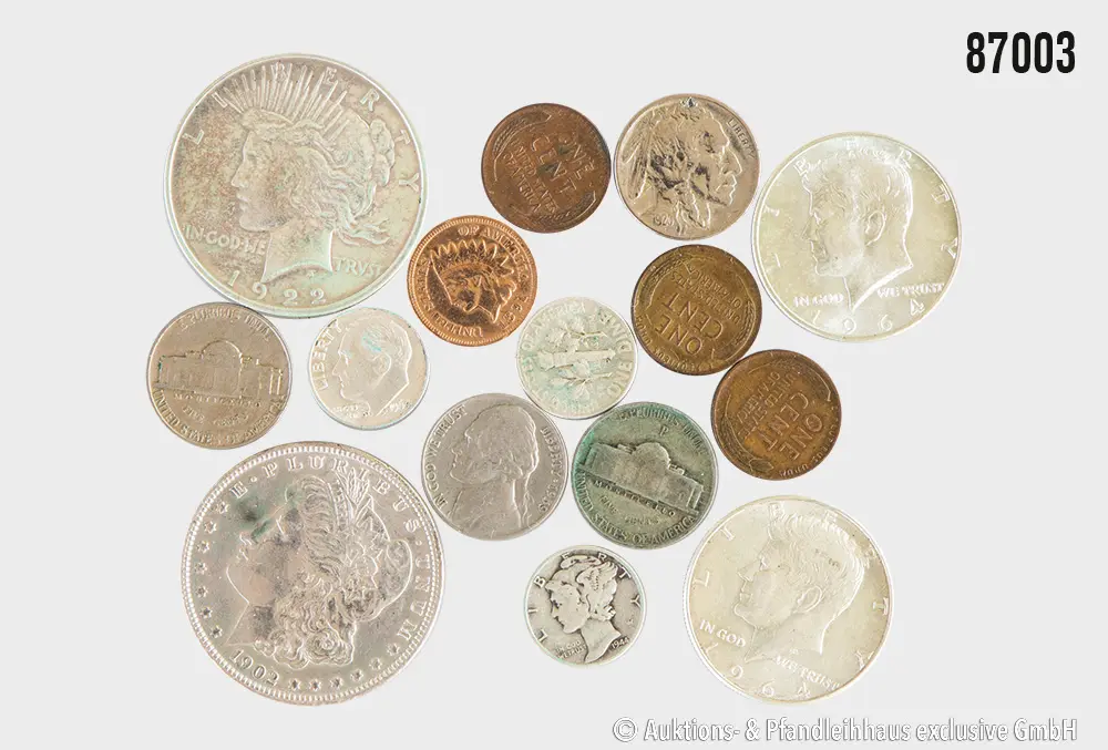 USA Konvolut 15 Münzen, 4x 1 Cent 1891, 1941, 1944, 1951, 4x 5 Cent