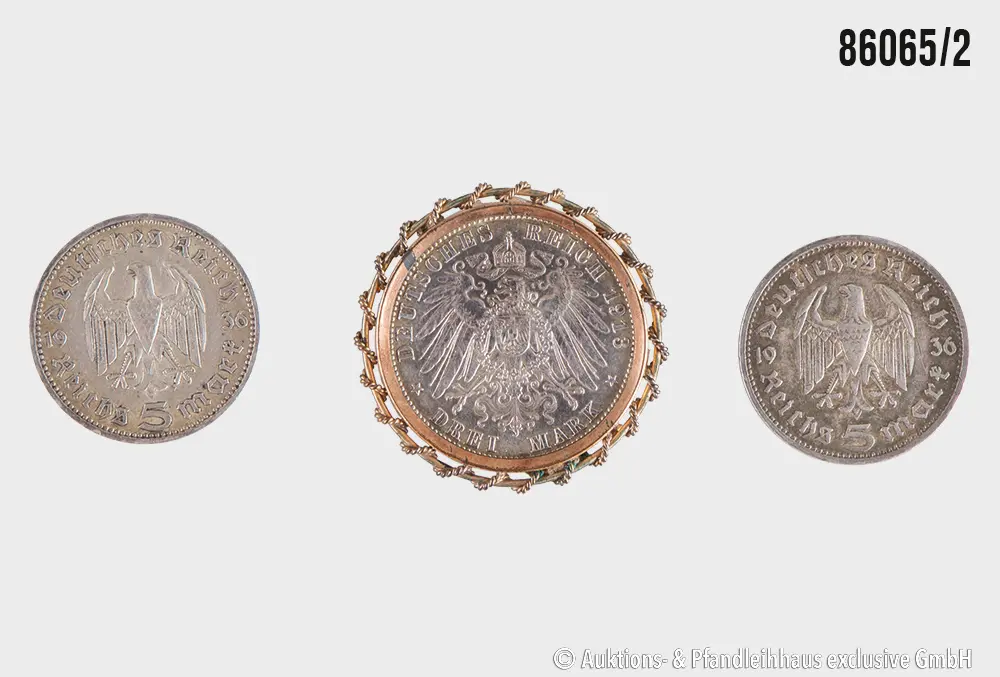 Kaiserreich bis Drittes Reich Konvolut 3 Münzen, 1x 3 Mark 1913 A