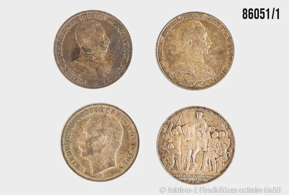 Kaiserreich Konvolut 4x 3 Mark, 1x Baden 1914 G, 1x Preußen 1913 Der