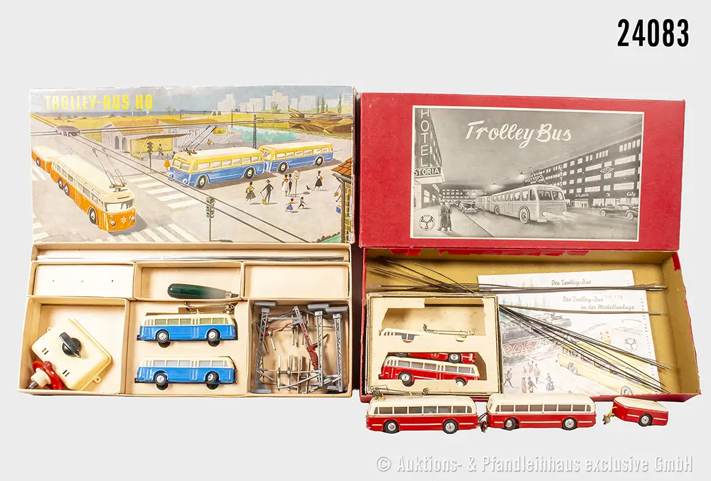 Eheim H0: 2x 102 Trolley-Bus-Sets (blau), 1x ohne Trafo u. Mast, mit