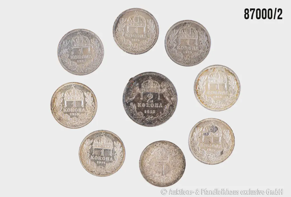 Österreich / Ungarn Konvolut 9 Münzen, 8x 1 Korona (1x 1912, 1x 1914