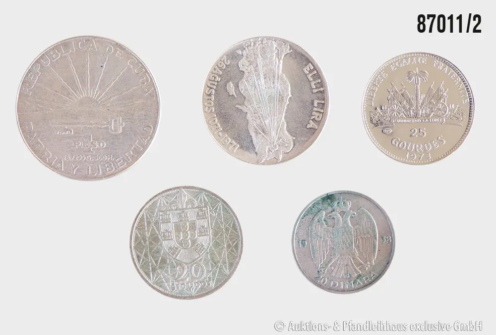 Konvolut 5 Münzen, 1x Kuba 1 Peso 1953, 100. Geburtstag von José Martí